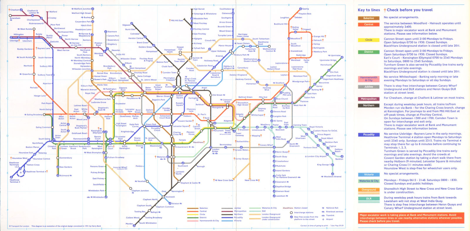 LONDON UNDERGROUND tube plan map. London Overground. Thames not shown. T5 2009